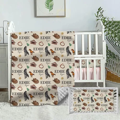 Juego de cama personalizado para cuna de bebé, ropa de cama personalizada de vaquero con nombre, juego de 2 piezas: edredón y sábana bajera