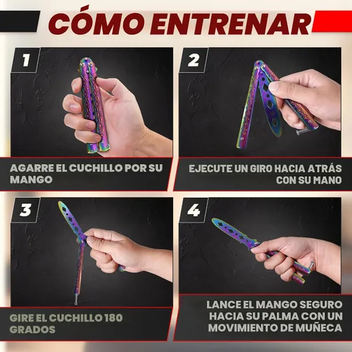 Miniatura 5 de Rainbow - Cuchillo de mariposa de práctica de 8.2 pulgadas con hoja embotada, cuchillo de mariposa de entrenamiento de metal con asas fuertes