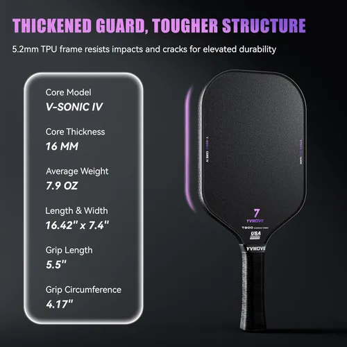 Miniatura 9 de YVmove T800 Carbon Fiber Pickleball Paddle with 16mm Dynamic Core, Premium Pickle Ball Thermoformed Unibody, Elongated Shape, Enhanced Power &