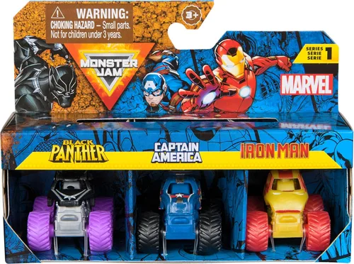 Monster Jam Marvel - Juego de 3 mini camiones con Black Panther, Capitán América, Iron Man, escala 1:87, robusto y con detalles geniales, para