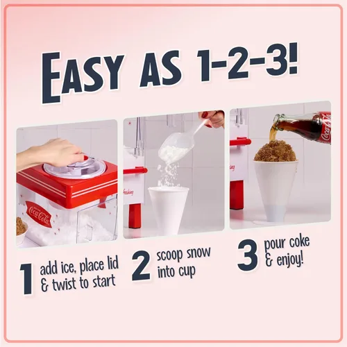Miniatura 3 de Nostalgia Coca-Cola Máquina de Raspados de Nieve de Hielo Raspado - Máquina de Granizados Retro de Mesa Coke Hace 20 Golosinas Heladas - Incluye 2