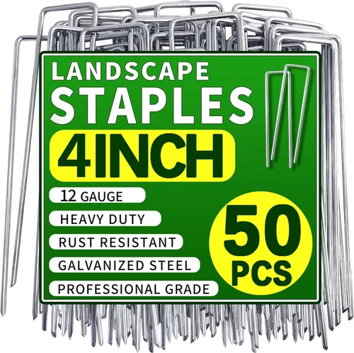 Paquete de 50 grapas de paisaje de 4 pulgadas, estacas de jardín galvanizadas, pines de grapas de jardín antióxido, estacas de suelo para barrera de