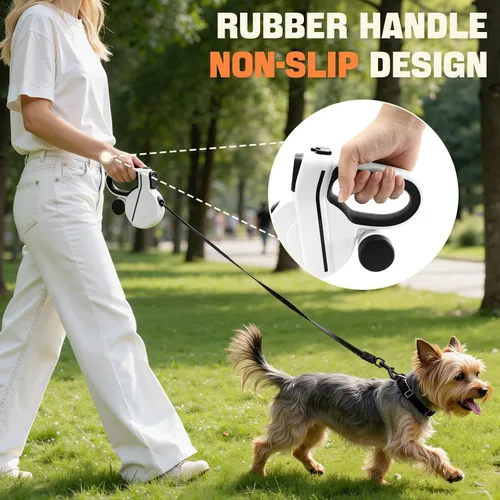 Miniatura 7 de Correa retráctil para perro con luz LED y cinta reflectante para paseo nocturno, correa de perro de 16 pies con dispensador de bolsas
