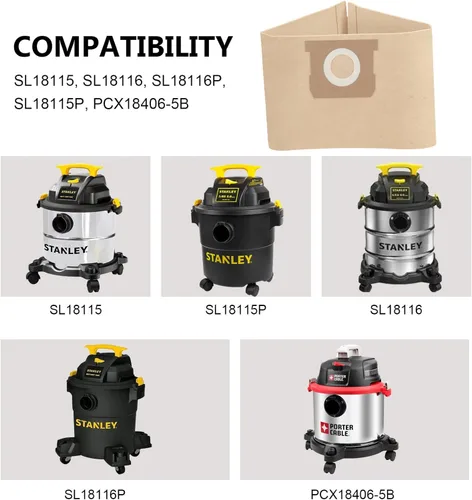 Miniatura 4 de 19-3100 Bolsas de aspiradora compatibles con aspiradora Stanley de 5 a 6 galones, paquete de 6 bolsas de filtro desechables y 3 bolsas de filtro 2