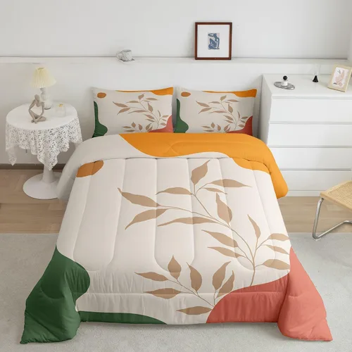 Miniatura 13 de Juego de ropa de cama tamaño King con diseño de hojas bohemias para niñas, niños, adolescentes y mujeres, abstracto, exótico, geométrico, moderno