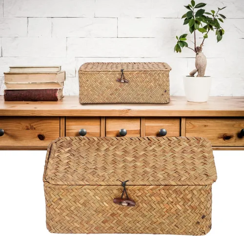 Miniatura 2 de Cesta de almacenamiento de hierba marina natural, cesta rectangular tejida de ratán natural con tapas, organizador de escritorio, cesta decorativa
