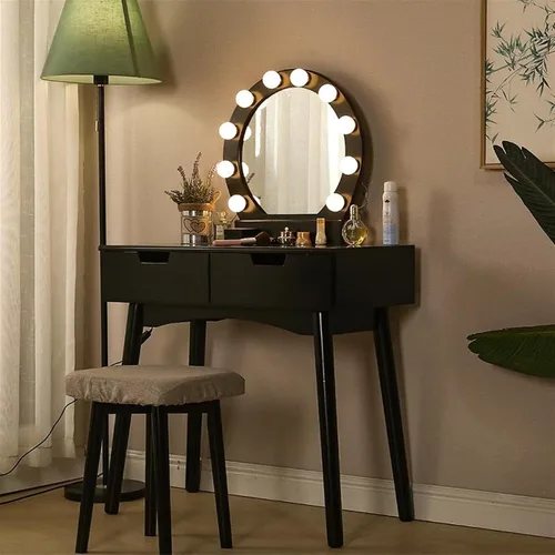 Miniatura 5 de Tocador, mesa de maquillaje, muebles de dormitorio, tocador con espejo LED con taburete de maquillaje, escritorio liso, tocador de maquillaje Negro
