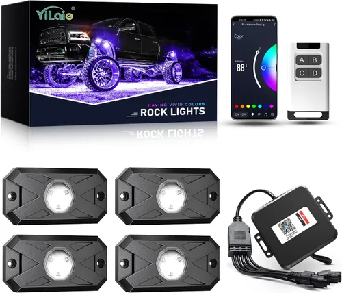Miniatura 15 de YiLaie Luces LED RGB, 60 LED de alto brillo, kit de luz de neón multifunción impermeable para coche con control de aplicación/RF, luces de roca