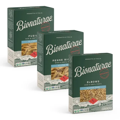 Bionaturae Codos Pasta sin gluten | Pasta Fusilli sin gluten | Pasta Penne Rigate sin gluten | Pasta de arroz y lentejas | Sin OMG | Bajo en