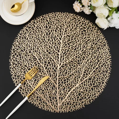 Evevda Juego de 6 manteles individuales redondos dorados para mesa de comedor, antideslizantes, lavables, con patrón de árbol, manteles individuales