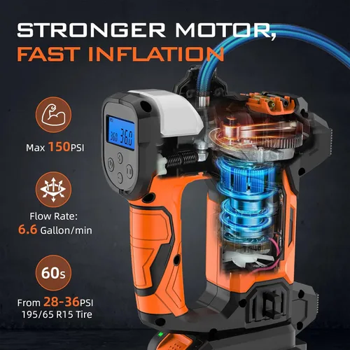 Miniatura 3 de Inflador de Neumáticos Compresor de Aire Portátil, Batería Recargable de 20 V y 150 PSI Bomba de Aire Manual Portátil, inflador de neumáticos
