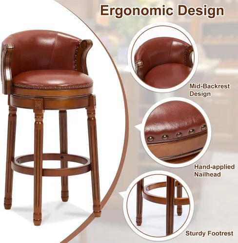 Miniatura 5 de CozyRain Taburetes de bar de madera de goma, taburete de bar tapizado de cuero con respaldo y reposapiés para el hogar, cocina, mostrador, comedor