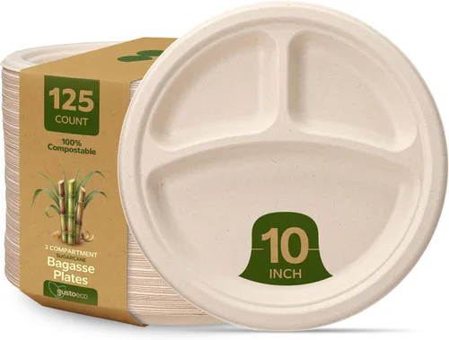Miniatura 8 de GUSTO Platos de papel Kraft 100% compostables de 9 pulgadas [125 unidades] Vajilla desechable ecológica y resistente, platos llanos de bagazo