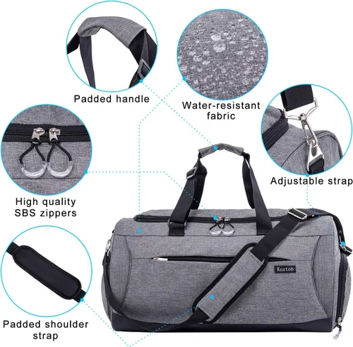 Miniatura 6 de Kuston Bolsa de gimnasio deportiva con compartimento para zapatos y bolsillo húmedo, bolsa de lona para gimnasio para hombres y mujeres, Gris