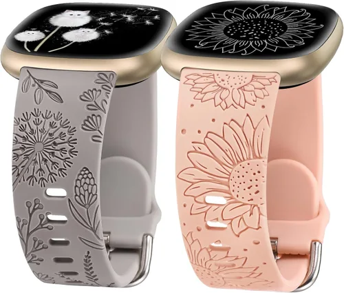 Minyee Paquete de 2 correas grabadas florales compatibles con Fitbit Versa 4/Versa 3/Sense 2/Sense Band para mujer, lindo diseño de girasol de Gris