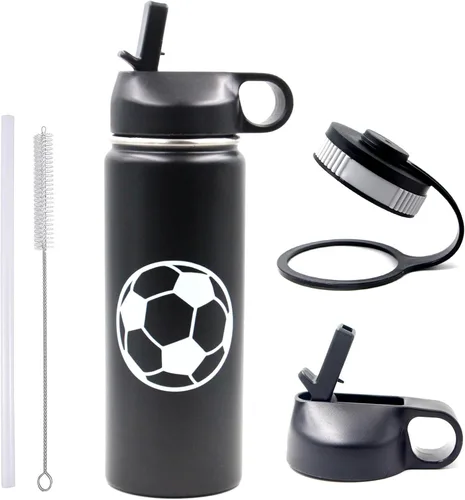 Miniatura 14 de Botella de agua de baloncesto de 12 onzas, botella de agua deportiva aislada al vacío de acero inoxidable con popote y 2 tapas, botella de agua