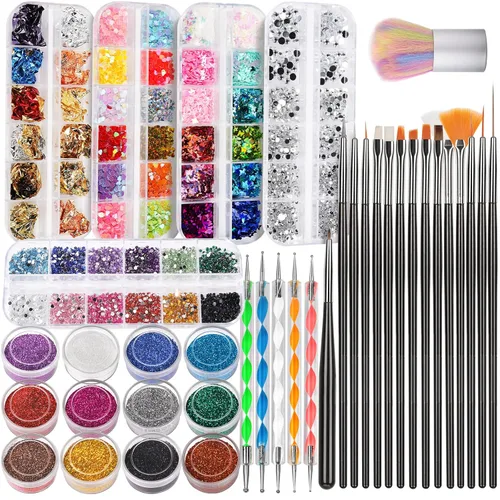 Miniatura 9 de FANDAMEI Kit de arte de uñas, Juego de pinceles de uñas, Kit de diseño de uñas, herramientas de punteado de uñas, purpurina fina para uñas