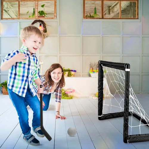 Miniatura 4 de Leyndo Juego de 2 juegos de mini hockey para niños, incluye 2 redes de hockey, 2 mini portería de hockey, 4 mini palos de hockey de plástico, 4