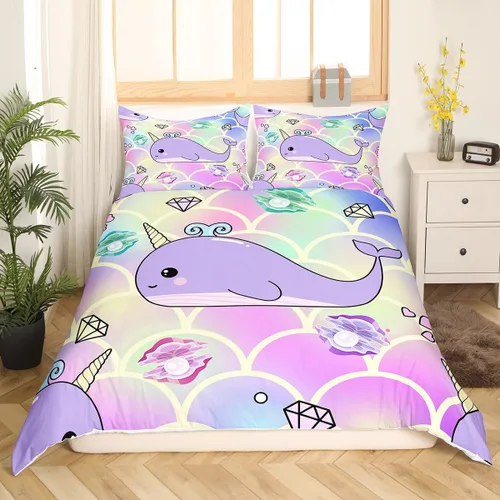 Miniatura 2 de Funda de edredón de ballena de sirena tamaño individual, funda de edredón de ballena unicornio morado para niñas, funda de edredón de escamas