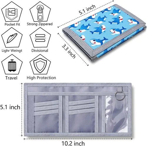 Miniatura 4 de TATAANTY Carteras para niños Cartera triple para niños de 6 a 12 años con bolsillo para monedas con cremallera y 8 tarjeteros Shark 2 Cartera triple