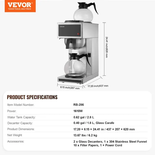 Miniatura 7 de VEVOR Cafetera comercial de goteo, cafetera de 12 tazas con 2 jarras de vidrio y 2 platos calentadores de decantador, cafetera de acero inoxidable
