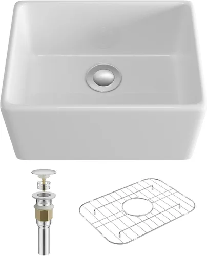 Eridanus Fregadero de granja blanco de 20 x 15 pulgadas, cuenco individual, delantal frontal, cerámica, pulido, trapezoidal, instalación frontal de