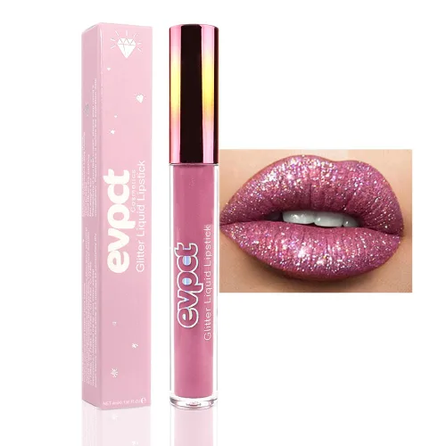 Miniatura 24 de evpct Juego de lápiz labial y brillo de labios 2 en 1 con purpurina color rosa nude metálico brillante para mujeres, de larga duración, impermeable