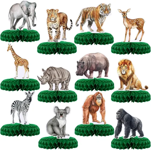 Miniatura 7 de Yeaqee 12 centros de mesa de nido de abeja de animales de la selva, suministros para fiestas de cumpleaños con temática de safari, animales