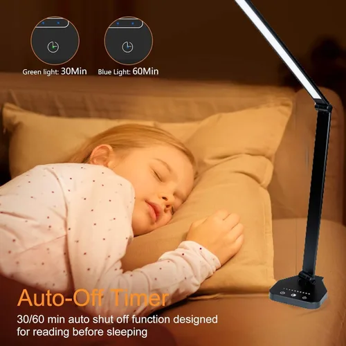 Miniatura 5 de Lámpara LED de escritorio, lámpara de mesa regulable, lámpara de lectura con puerto de carga USB, 5 modos de iluminación, control sensible, Negro