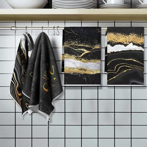 Miniatura 6 de Geyoga 4 piezas de toallas de cocina de Navidad de mármol negro y dorado, toallas de mano para platos absorbentes, paños de lavado de mármol