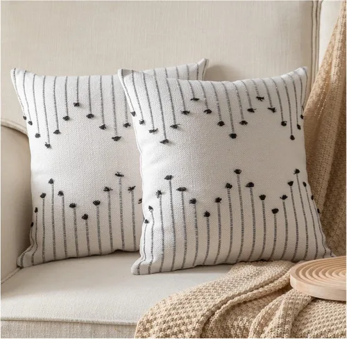 Caflife Fundas de almohada boho de 18 x 18 pulgadas, juego de 2 almohadas decorativas para cama, fundas de almohada beige con línea negra para sofá