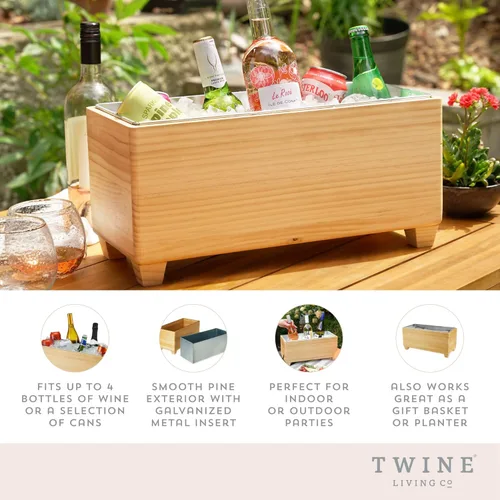 Miniatura 2 de Twine Cubo de hielo de madera y metal galvanizado, cubo de vino de madera y enfriador de cerveza, capacidad para 4 botellas de vino o 5.4 galones