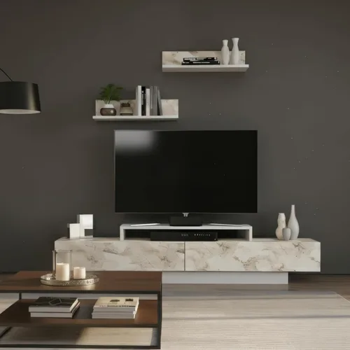 Decorotika Lusiana Soporte de TV y centro de entretenimiento para televisores de hasta 75 pulgadas, consola multimedia moderna con estantes