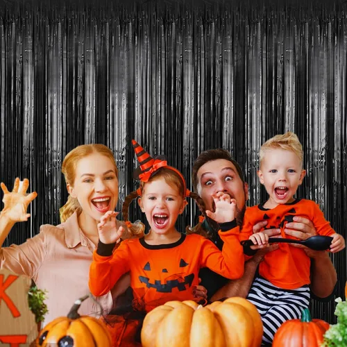 Miniatura 5 de Paquete de 2 cortinas de oropel negras de 3.28 x 6.56 pies, decoración de telón de fondo de fiesta con flecos metálicos para Halloween, Navidad