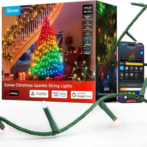 Govee Cadena de luces brillantes de Navidad de 99 pies, cadena de luces RGBWIC con 375 LED de cabeza de bala, controlada por aplicación, más de 140