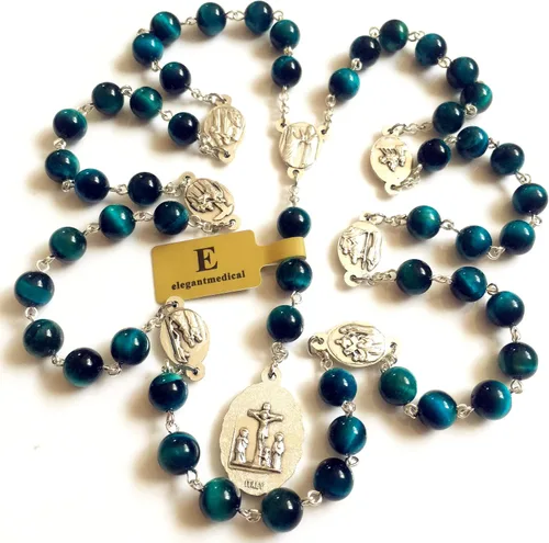 Miniatura 2 de elegantmedical Hecho a mano Rara Pavo Real BuleTiger Eye Jade Cuentas Siete 7 PELÍCULAS MARÍA MEDALLA Rosario Collar Regalos Católicos, Vidrio