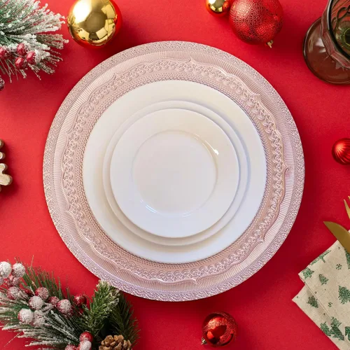 Miniatura 2 de Platos de carga de 13" de aluminio rosa, juego de 6 platos elegantes con relieve de encaje, platos de servidor redondos para plato de cena, juego