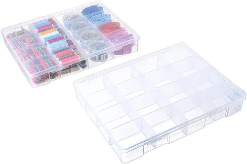 Miniatura 9 de Paquete de 2 cajas fijas de plástico transparente con compartimento de 18 rejillas, organizador transparente con tapa para cuentas, botón, hardware