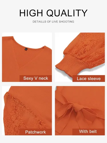 Miniatura 5 de MEROKEETY Vestido de suéter de manga larga con cuello en V para mujer, sexy, de punto envolvente, ajustado, con cinturón