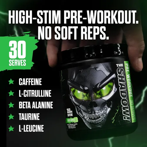 Miniatura 4 de JNX SPORTS The Shadow! Preentrenamiento de alta estimulación 350mg de cafeína Sandía 30 porciones Energía eléctrica, enfoque mental y fuerza