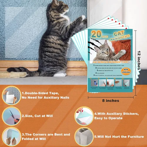 Miniatura 3 de Paquete de 20 cintas disuasorias para gatos, protector de muebles de arañazos para gatos, cinta adhesiva transparente de doble cara anti arañazos