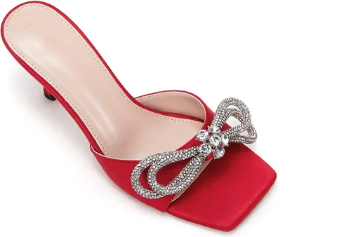 Miniatura 4 de VETASTE Women's Heeled Sandals Square Open Toe Double Bow Satin Mules Heels Wedding Party Slip on Stilettos