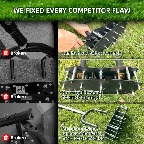 Miniatura 2 de Herramienta aireadora de césped para suelo arcilloso, patada para desatascar y base atornillada que nunca se rompe, 11 picos resistentes de 3.5