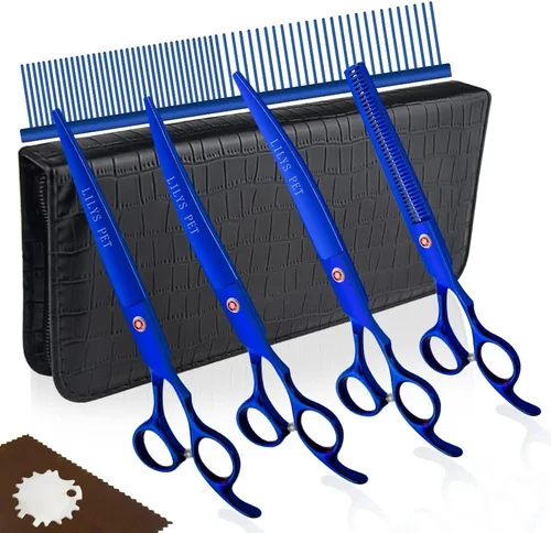 Miniatura 10 de Tijeras de titanio recubiertas de aseo profesional para mascotas para perros, tijeras de corte, curvas y adelgazantes (7.0 pulgadas, doradas)