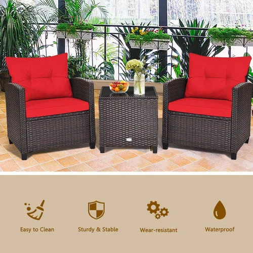 Miniatura 9 de KOTEK Juego de muebles de patio de 3 piezas, juego de conversación al aire libre con cojines lavables y mesa de vidrio templado, juego de bistró