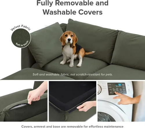Miniatura 5 de mopio Sofá Seccional Modular de Gran Tamaño con Fundas Completamente Removibles y Almacenamiento, Convertible en U, Forma de L y Seccional Cama