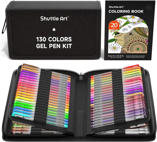 Shuttle Art Bolígrafos de gel, juego de 130 colores con 1 libro para colorear en estuche de viaje para adultos, libros para colorear, dibujo,