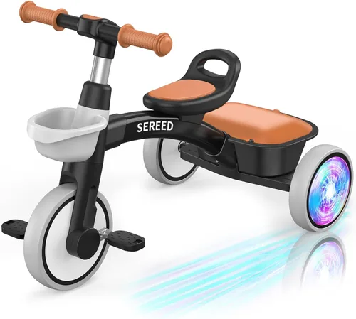 SEREED Triciclo para niños con iluminación colorida para niños de 2 a 5 años, triciclo con asiento y manillar ajustables, cesta extraíble, idea de
