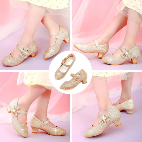 Miniatura 6 de Dufannie Zapatos de vestir para niñas, zapatos de tacón bajo de princesa, zapatos planos con purpurina para bodas y fiestas