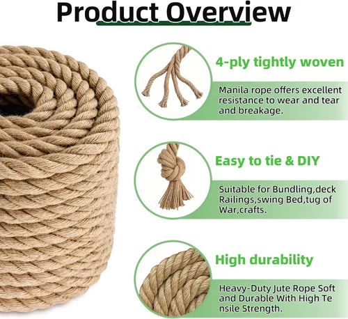 Miniatura 3 de Cuerda de yute trenzado (3/4 pulgadas x 20 pies), cuerda de cáñamo gruesa natural para manualidades, barandillas, hamaca, decoración